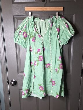 Entro Green Floral Peasant Dress with Puff Sleeves Size Small